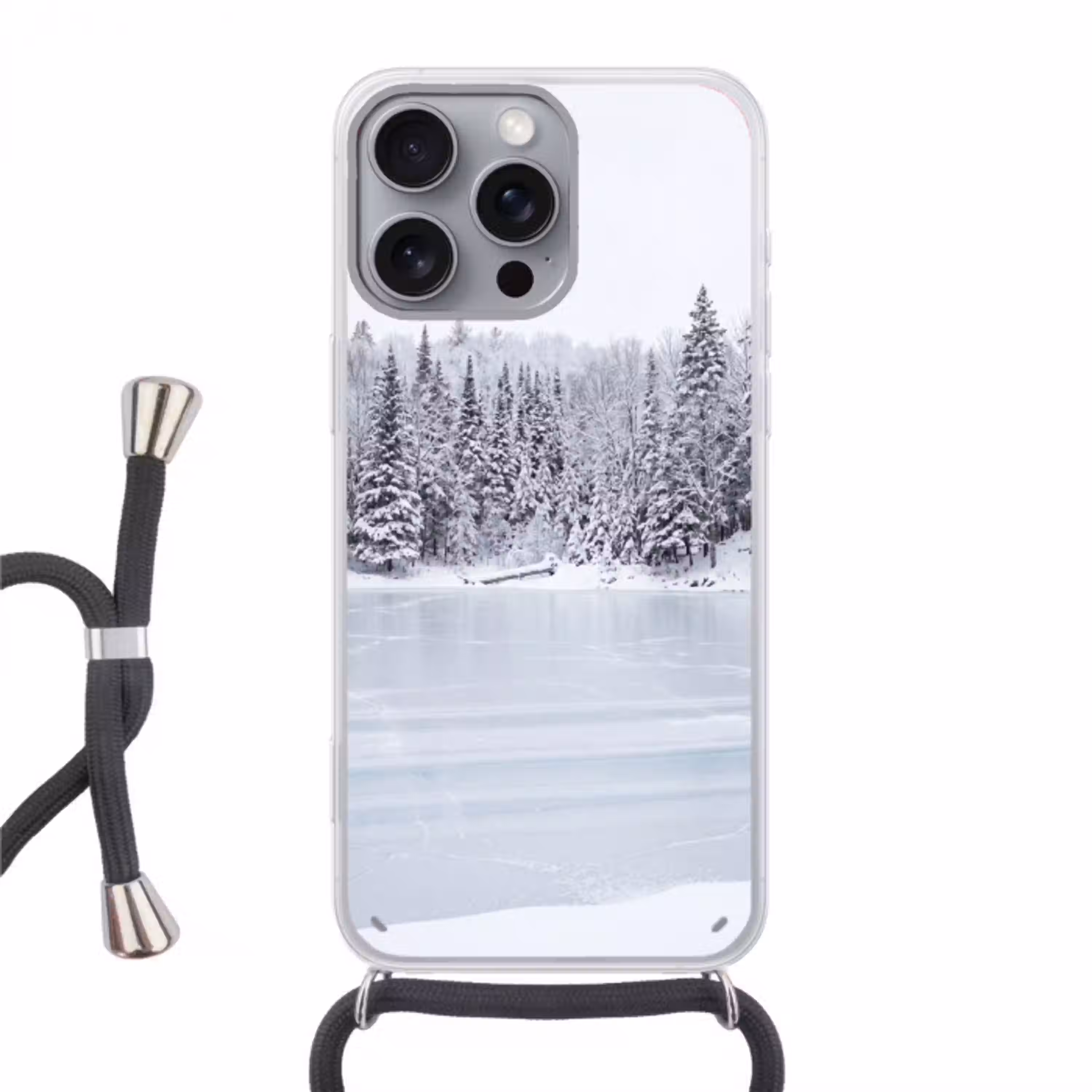 Meer - Dennen - IJs - Winter - Rustgevend Hoesje iPhone 16 Pro Max met koord klein -3d