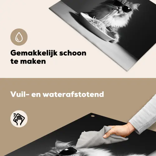 Langharige kat - Zonnebril - Spaghetti - Humor - Zwart - wit Inductie beschemer met haakjes klein -ky-schoon-nl