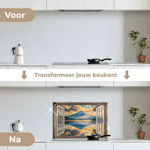 Doorkijk - Landschap - Bergen - Uitzicht - Raam keuken achterwand spatscherm klein -voor_na_NL