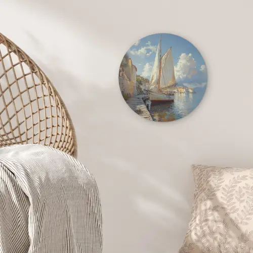 Zeilschip - Huizen - Kade - Zee Akoestische PET Vilt - Rond klein -sfeer4