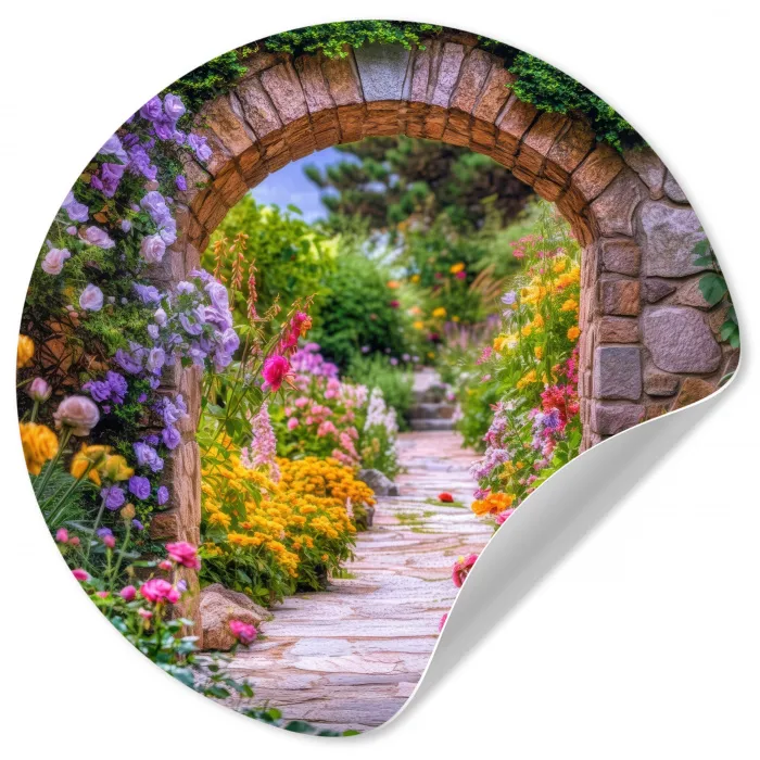 Doorkijk - Bloemen - Pad - Natuur Wandcirkel behangsticker klein -3d