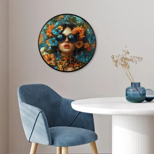 Vrouw - Bloemen - Oranje - Blauw - Modern Fotolijst rond zonder passe partout klein -sfeer2