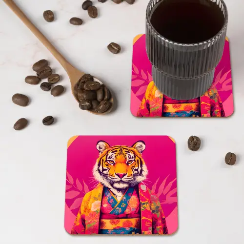 Tijger - Kimono - Planten - Roze onderzetter kurk middel -sfeer2