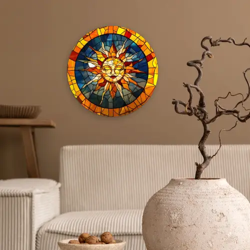 Mozaïek - Zon - Geel - Cirkel Wandcirkel plexiglas klein -sfeer1