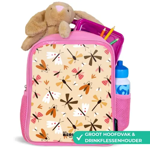 Insectenpatroon in bruin, roze en oranje op beige achtergrond Kinderrugzak - Roze middel -inhoud_NL