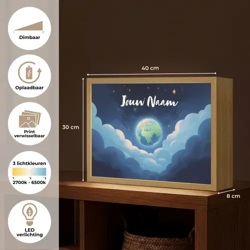Planeet - Wolken - Sterren - Blauw Light Box met batterij (Wandlamp kind) middel -USP_websiteoverzichtNL