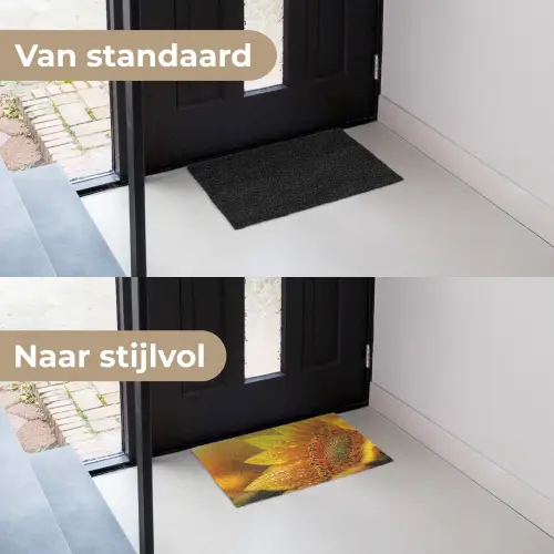 Zonnebloem - Dauwdruppels - Geel - Zonlicht Deurmat klein -voor-na_NL