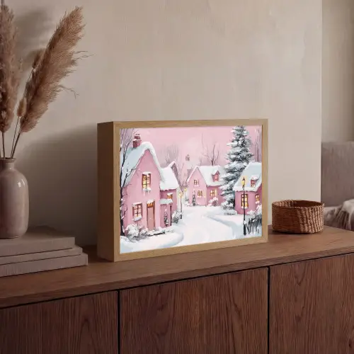 Kerstdorp - Roze - Winter - Sneeuw - Huizen Light Box met batterij (Wandlamp) middel -sfeer2