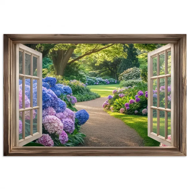 Poster - Doorkijk - Tuin - Raam - Hortensia - Bloemen