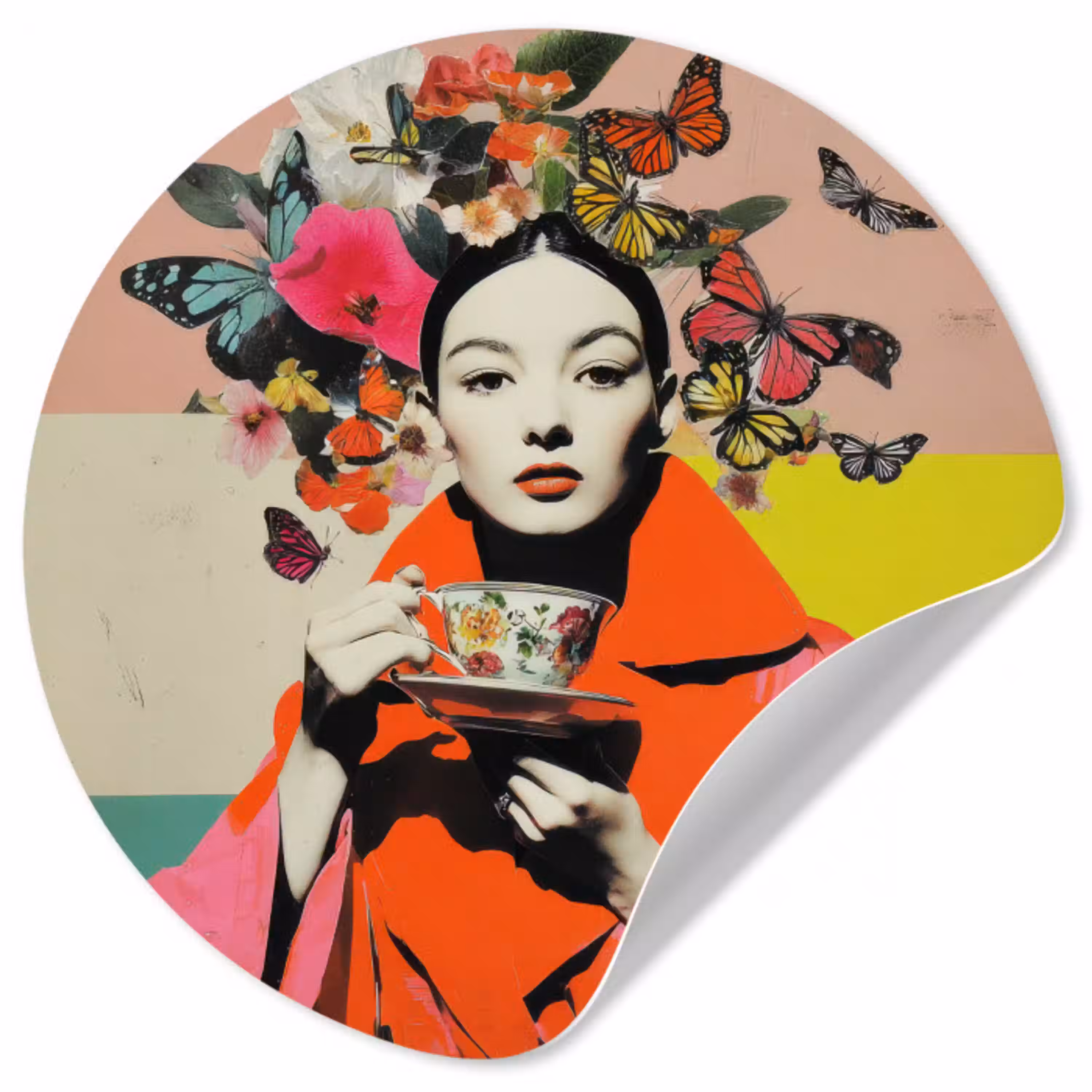Retro - Vrouw - Kopje - Vlinders Wandcirkel behangsticker klein -3d