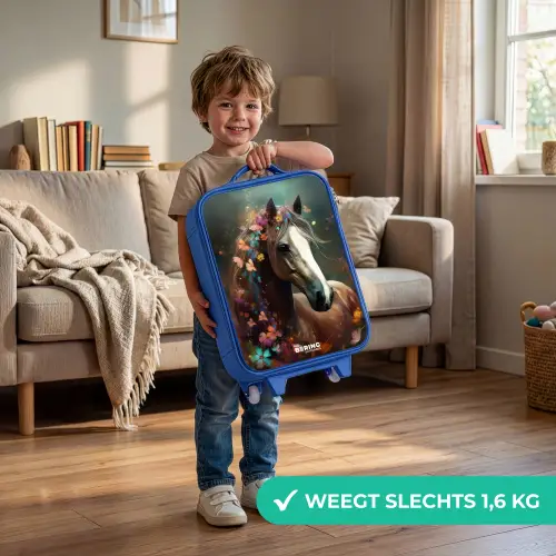 Lichtbruin paard tussen de bloemen Kinderkoffer - Blauw klein -sfeer2_NL