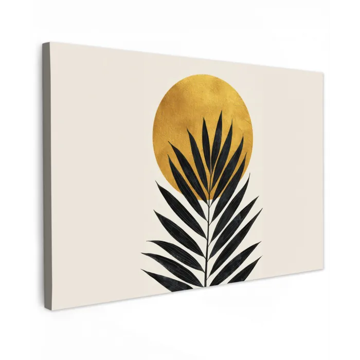 Zwart palmblad - Gouden cirkel - Beige achtergrond canvas 2cm klein -z3d