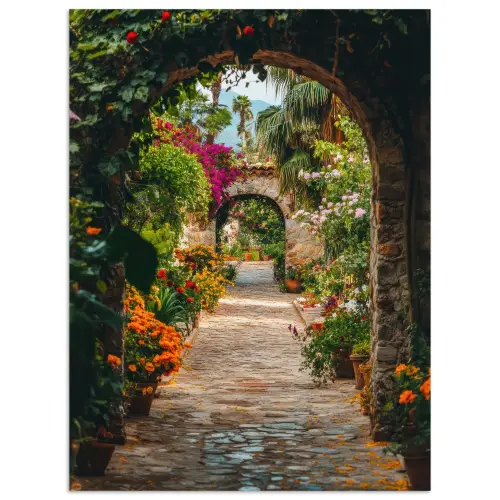 Doorkijk - Bloemen - Poort - Stenen poster papier klein -3d
