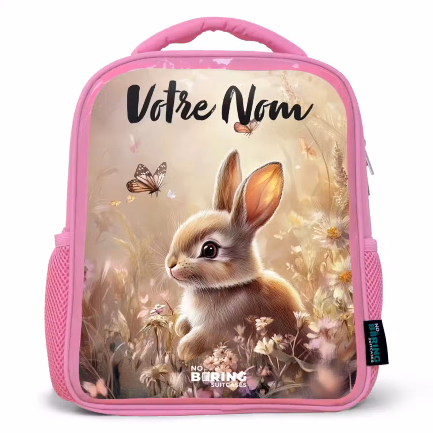 Sac à dos enfant avec votre nom - Rose - Lapin - Marron - Fleurs - Papillons