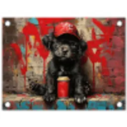 Puppy met Rode Pet en Spuitbus tuinposter los doek klein -3d