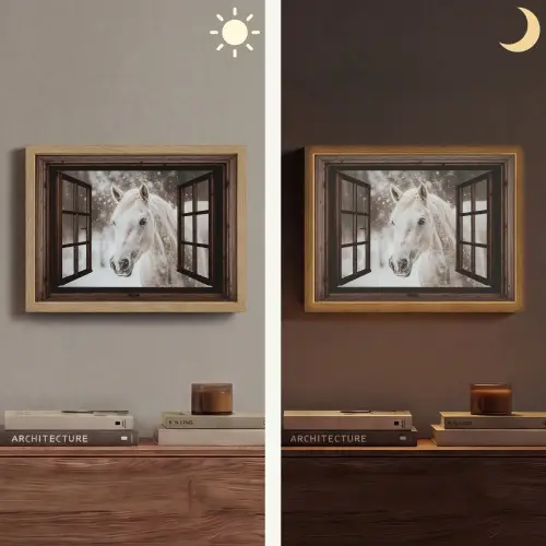 Doorkijk - Paard - Wit - Winterlandschap - Sneeuw Light Box met batterij (Wandlamp) middel -sfeer3