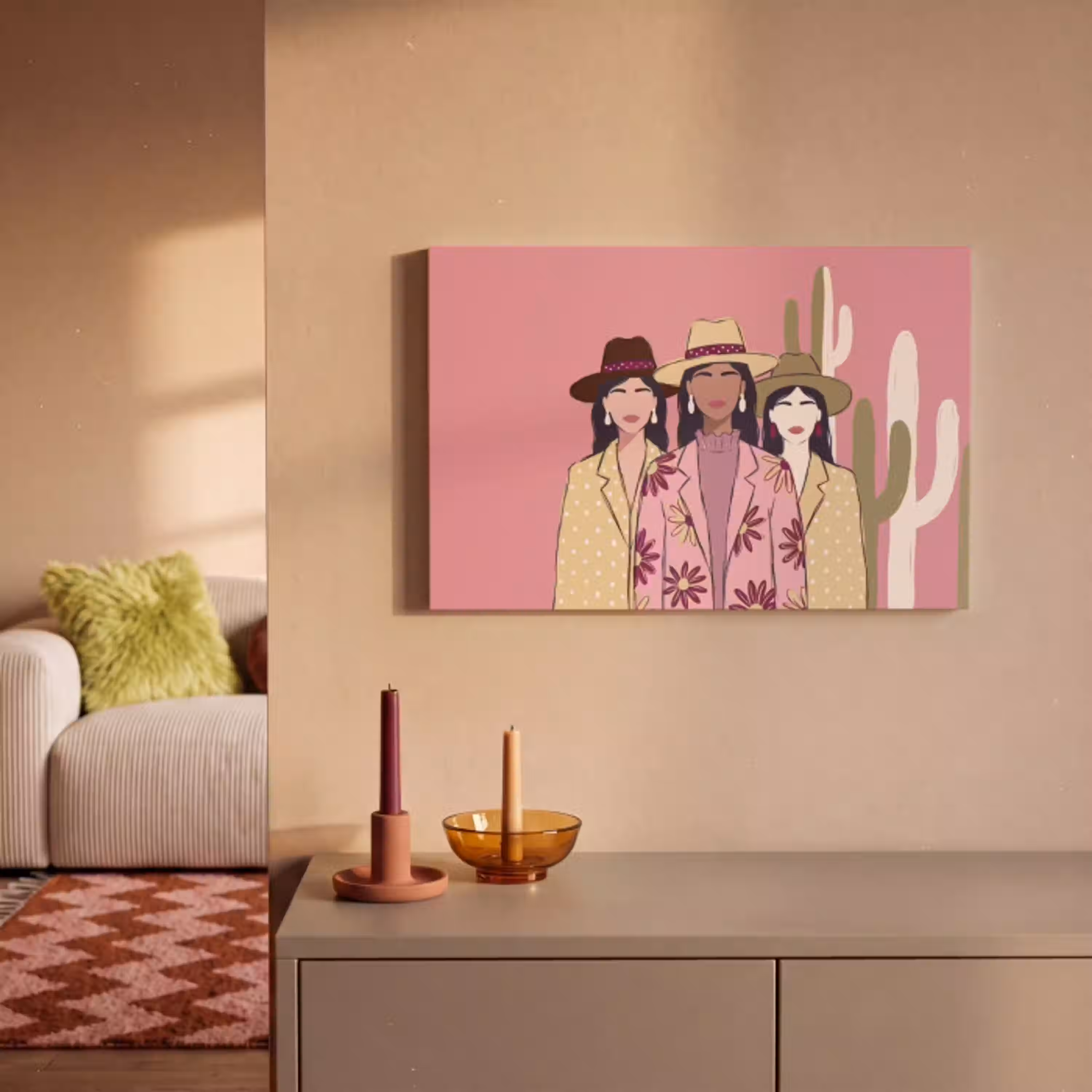 Mensen - Hoeden - Abstract - Roze - Portret canvas 2cm klein -sfeer1