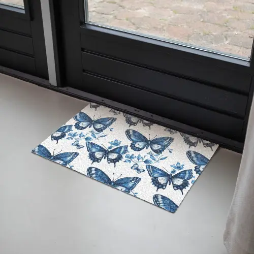 Blauw - Vlinders - Bloemen - Wit Deurmat klein 898 -sfeer2