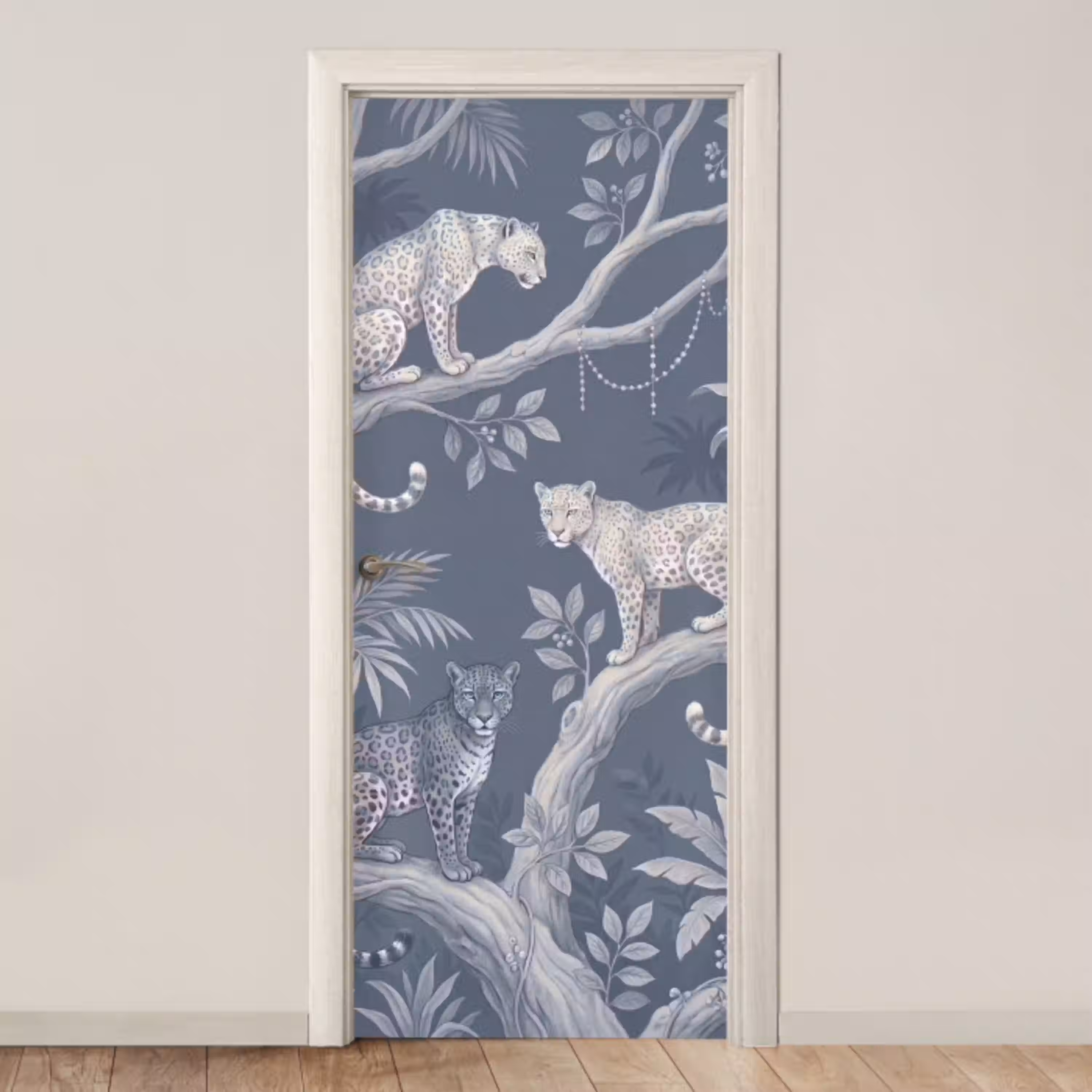 Dieren - Jungle - Illustratie - Bomen - Blauw deurposter klein -3d_beige