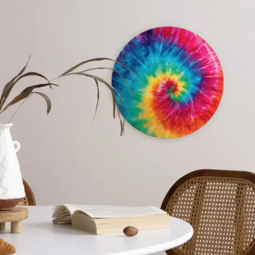 Regenboog - Tie dye - Kleurrijk - Blauw Wandcirkel kunststof plaat 5mm dik klein -sfeer4