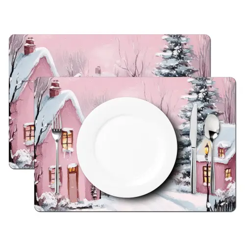 Kerstdorp - Roze - Winter - Sneeuw - Huizen Placemat vinyl groot -zzsfeer2_Kitchenyeah-website
