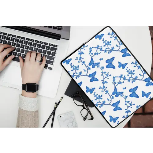 Vlinder - Bloemen - Blauw laptophoes neopreen klein 279 -bureau