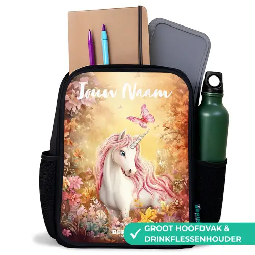 Eenhoorn - Vlinder - Roze - Manen Rugzak - Zwart middel -inhoud_NL