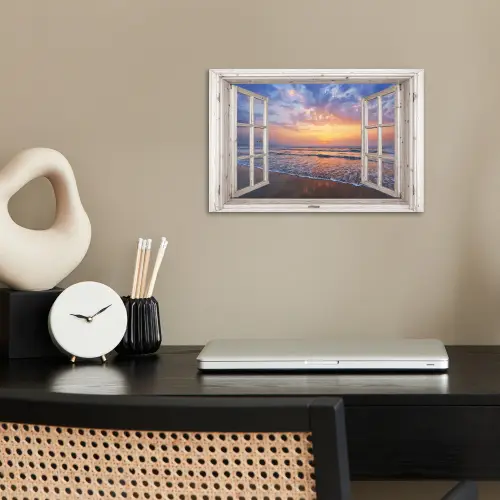 Doorkijk - Zee - Strand - Zonsondergang - Blauw poster papier klein -sfeer1