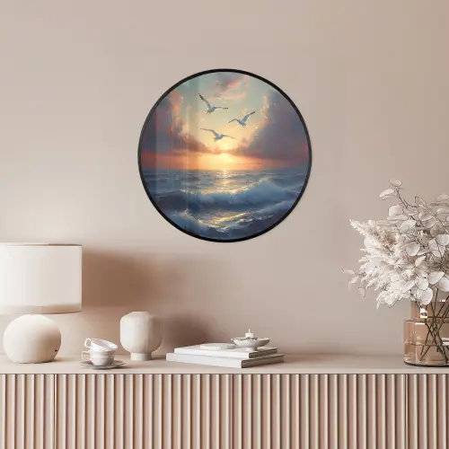 Meeuwen - Zonsondergang - Zee - Wolken Fotolijst rond zonder passe partout klein -sfeer3