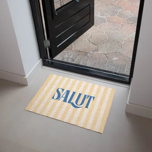 Salut - Quote - Strepen - Geel - Blauw - Wit Deurmat klein -sfeer5