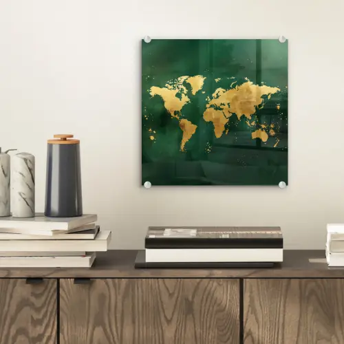 Wereldkaart - Groen - Goud plexiglas 5mm klein -sfeer1