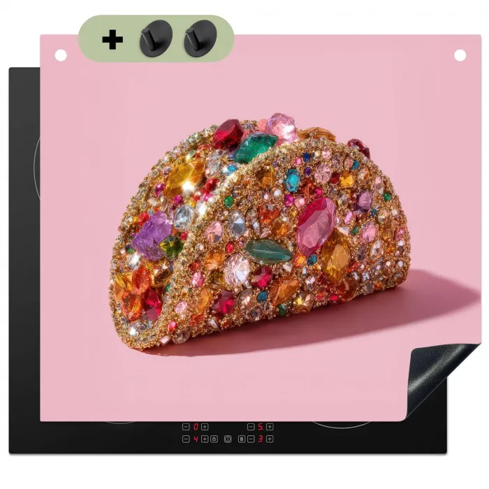 Taco - Kleurrijk - Edelstenen - Goud Inductie beschemer met haakjes middel -3d