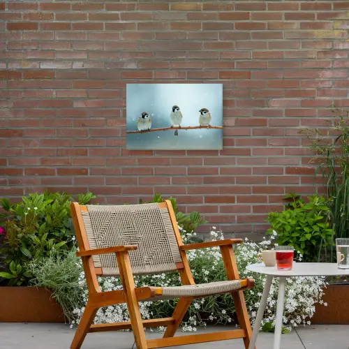 Mussen in de Sneeuw Tuinposter op houten frame 2 cm dik klein -sfeer3
