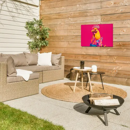 Haan - Kleurrijk - Kimono - Roze Tuinposter op houten frame 2 cm dik klein -sfeer2