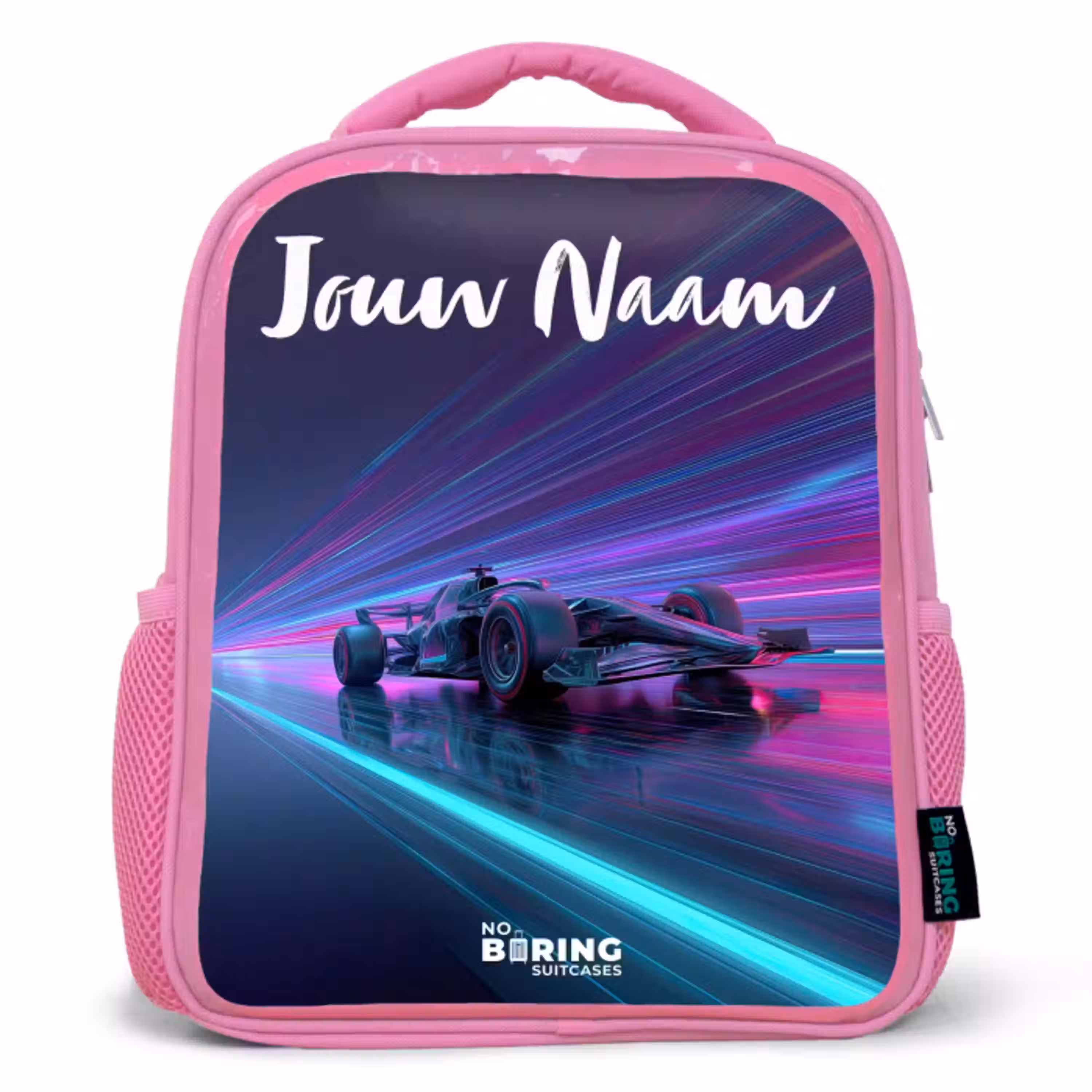 Lichtstralen - Neon - Racewagen - Paars Kinderrugzak - Roze middel -3d