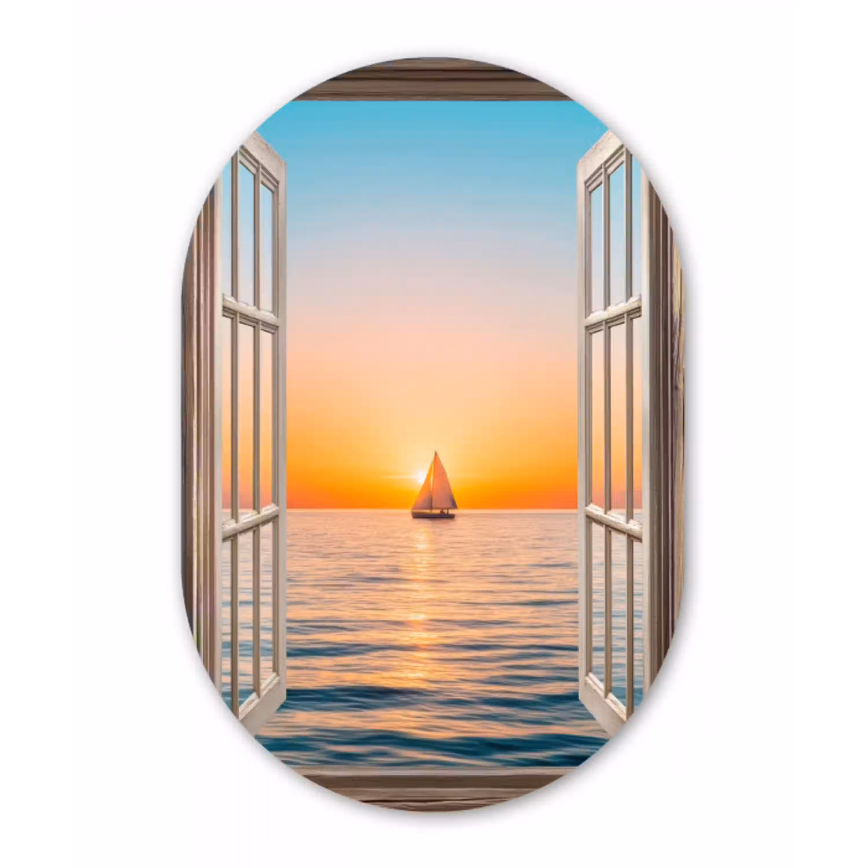 Doorkijk - Zee - Boot - Zonsondergang Wandcirkel Ovaal Glas middel -3d