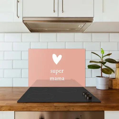Presentje voor Moederdag super mama lichtroze/wit keuken achterwand spatscherm klein -sfeer2