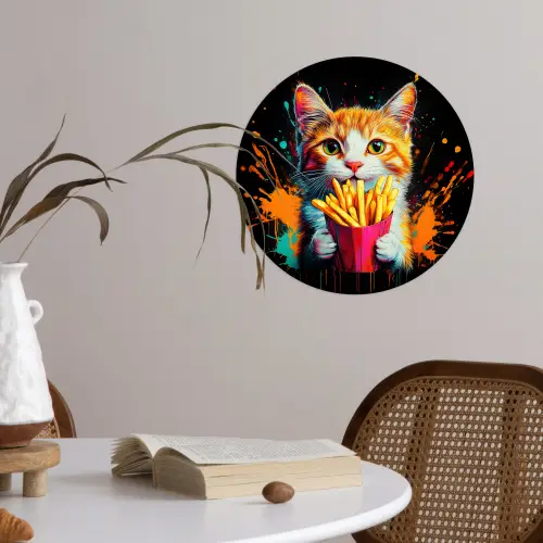 Kat - Eten - Patat - Graffiti - Abstract Wandcirkel behangsticker klein -sfeer3