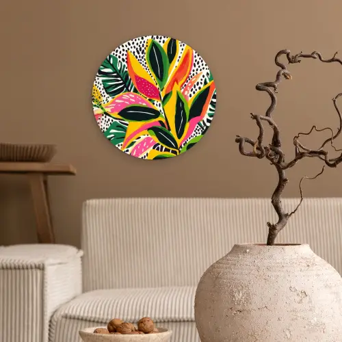 Tropisch - Bladeren - Zwart - wit Wandcirkel kunststof plaat 5mm dik klein -sfeer1