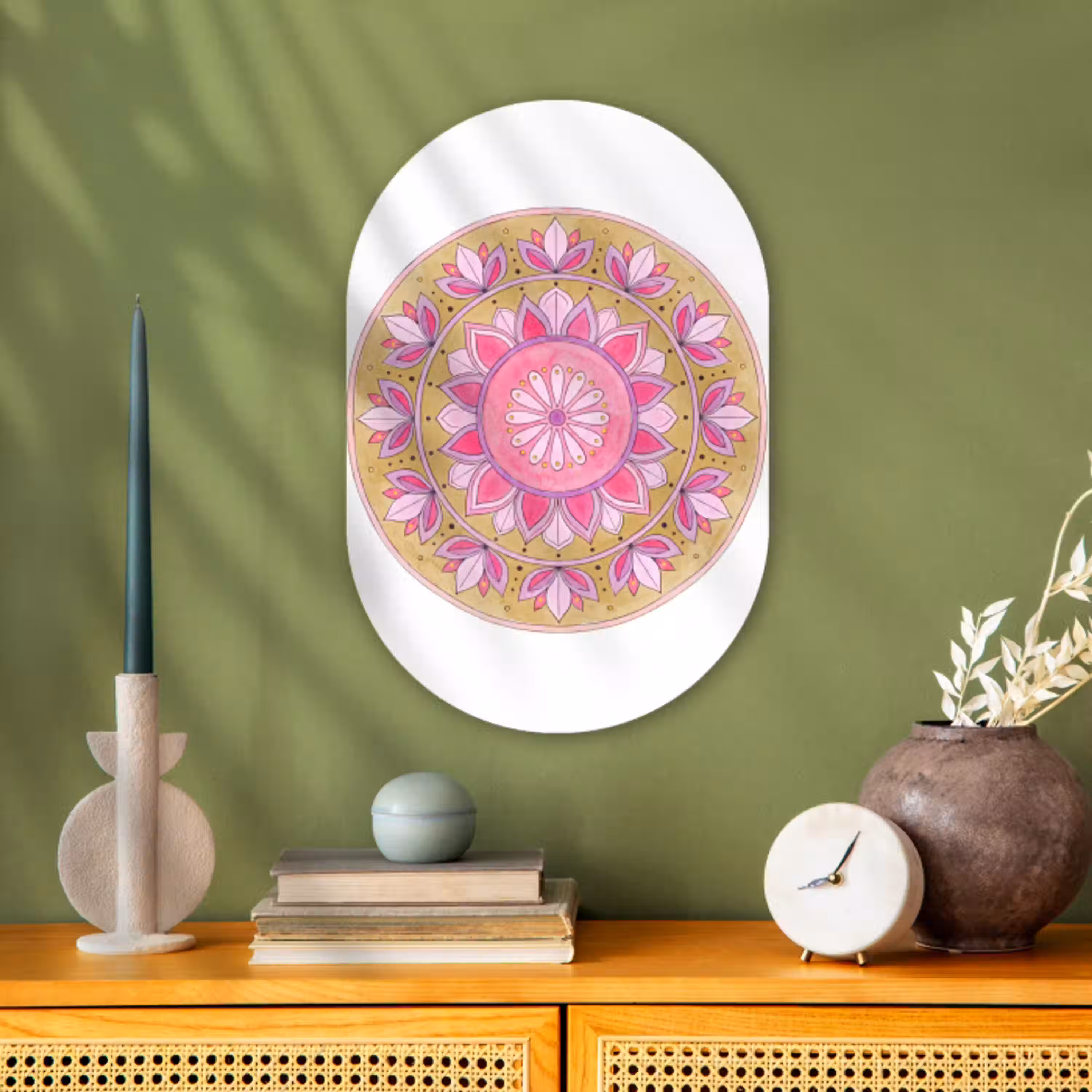 Mandala - Patroon - Kunst - Aquarel - Roze Wandcirkel Ovaal Forex klein -sfeer2