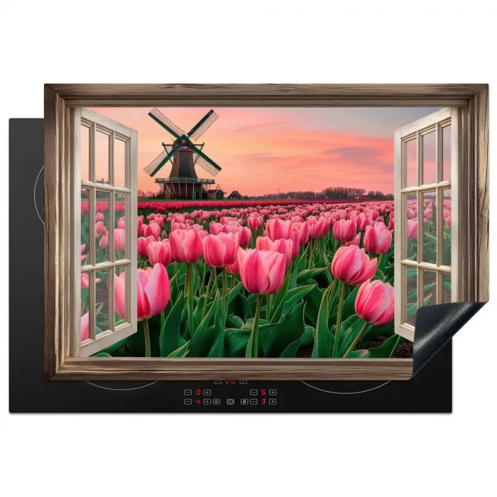 Doorkijk - Tulpen - Bloemen - Molen - Raam Inductie beschermer vinyl 3mm klein -3d