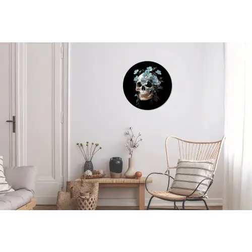 Schedel - Blauw - Bloemen - Bladeren Wandcirkel aluminium klein -woonkamer