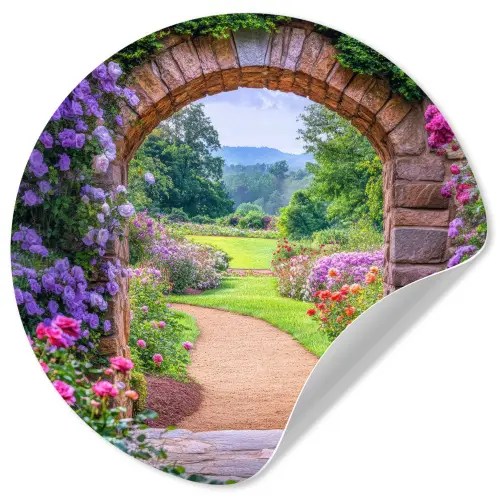 Doorkijk - Poort - Bloemen - Tuin Wandcirkel behangsticker klein -3d