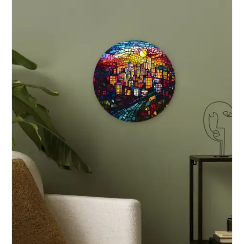 Stad - Maan - Mozaïek - Kleurrijk Wandcirkel plexiglas klein -sfeer3