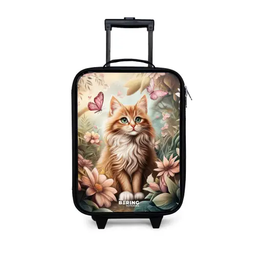 Kat in bloemenveld met roze vlinders. Kinderkoffer - Zwart klein -3d
