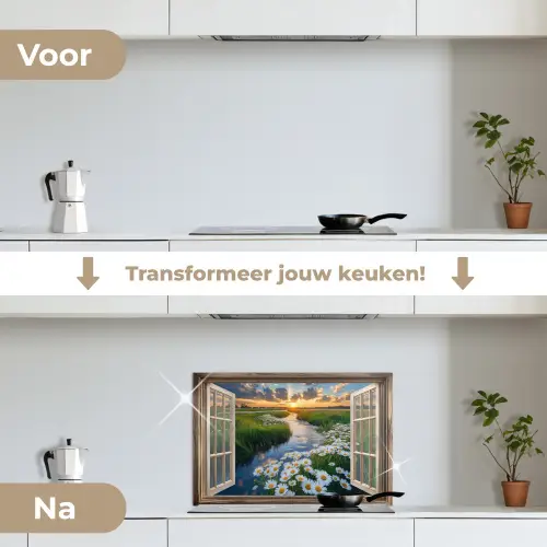 Doorkijk - Landschap - Raam - Water - Zonsondergang keuken achterwand spatscherm klein -voor_na_NL