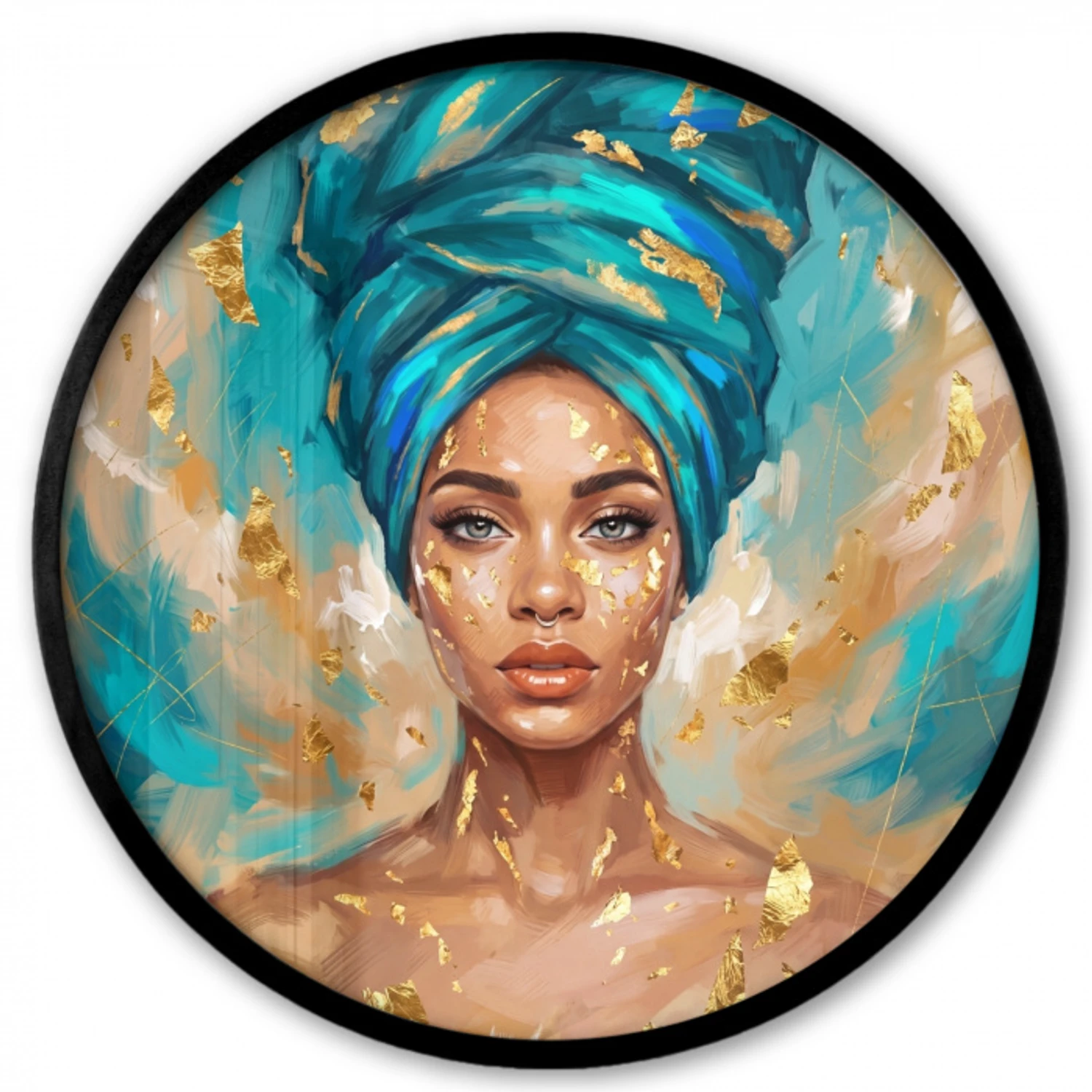 Portret - Vrouw - Schilderij - Blauw - Goud - Expressief Fotolijst rond zonder passe partout klein -3d