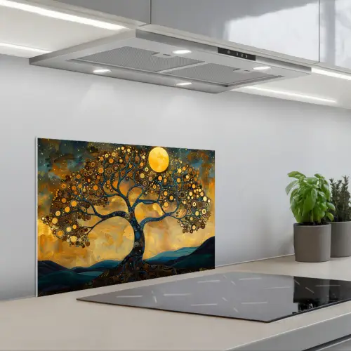 Boom - Maan - Bloemen - Goud - Kunst keuken achterwand spatscherm klein -3d_schuin