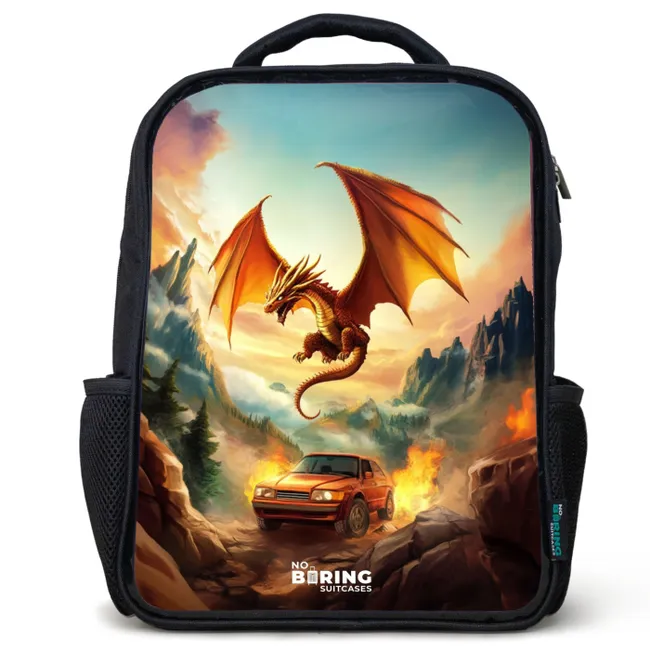 Kids' Backpacks Black -. Flying dragon over fiery mountain road
