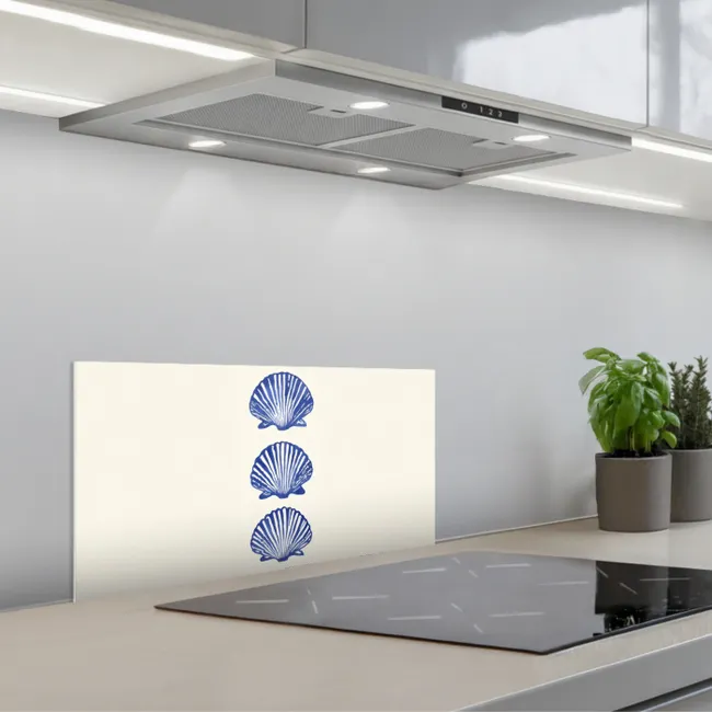 Schelpen - Blauw - Patroon keuken achterwand spatscherm klein -3d_schuin